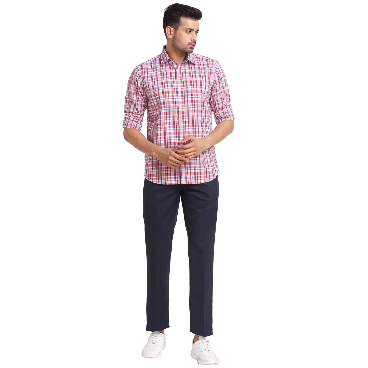 Men Red Tailored Fit Checks Cotton Full Sleeve Shirts - Image 5