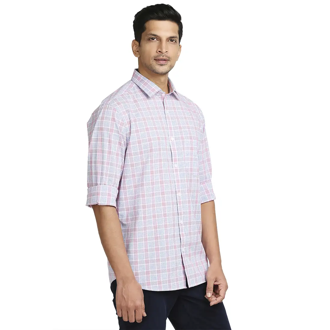 Men Red Tailored Fit Checks Cotton Full Sleeve Shirts - Image 2