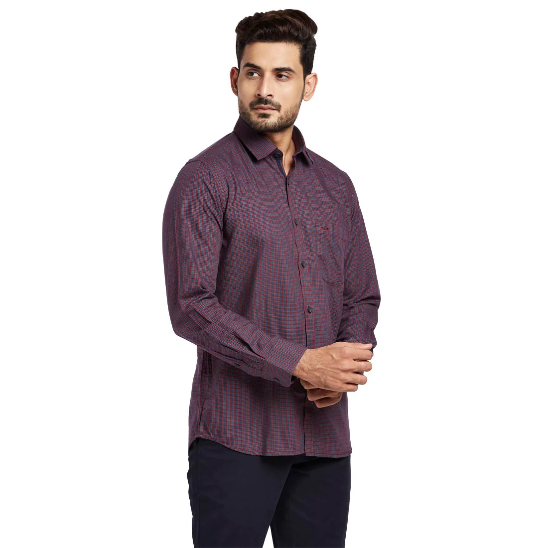 Men Red Tailored Fit Checks Cotton Full Sleeve Shirts - Image 2