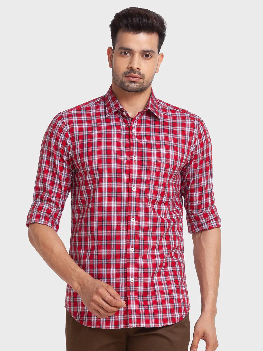 Men Red Tailored Fit Checks Cotton Full Sleeve Shirts