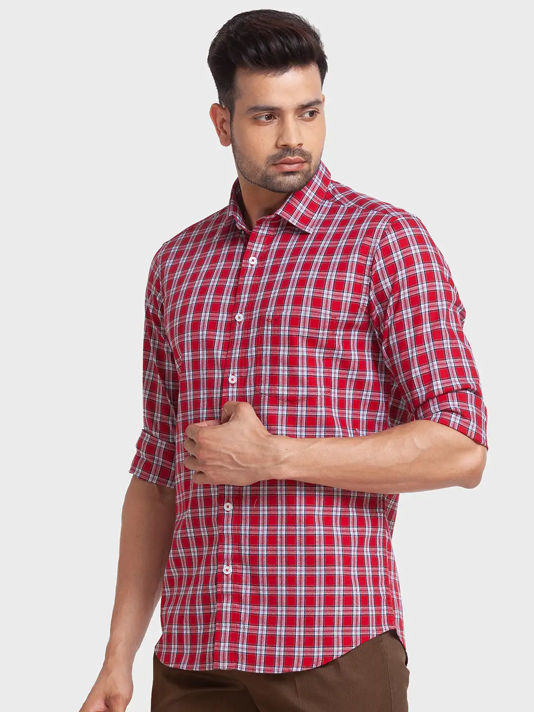 Men Red Tailored Fit Checks Cotton Full Sleeve Shirts - Image 3