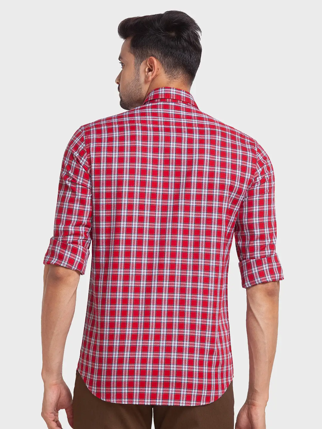 Men Red Tailored Fit Checks Cotton Full Sleeve Shirts - Image 4