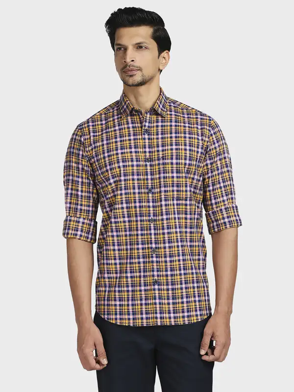 Colorplus Men Yellow Checks Tailored Fit Cotton Casual Shirt