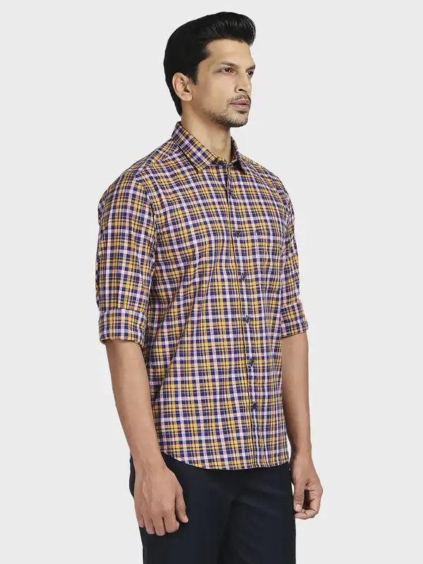 Colorplus Men Yellow Checks Tailored Fit Cotton Casual Shirt - Image 2