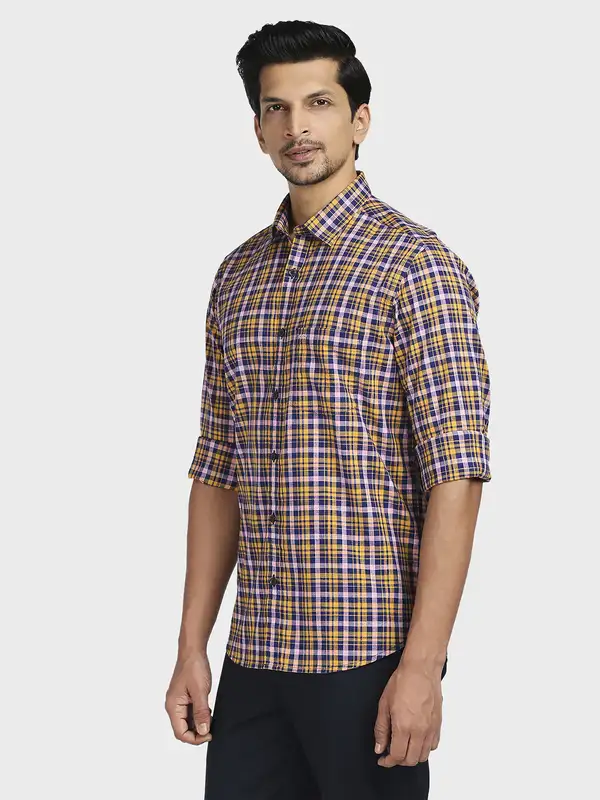 Colorplus Men Yellow Checks Tailored Fit Cotton Casual Shirt - Image 3