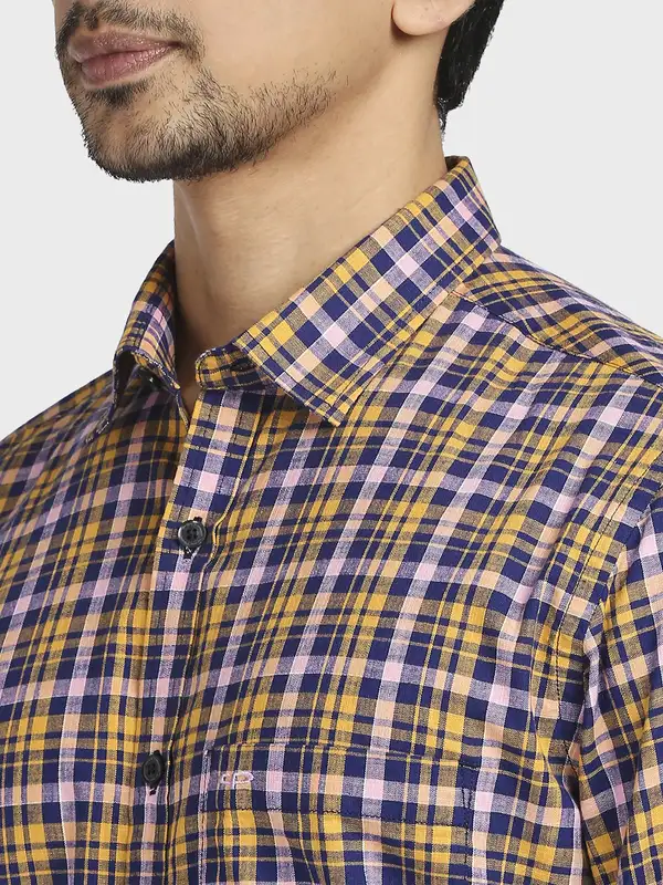 Colorplus Men Yellow Checks Tailored Fit Cotton Casual Shirt - Image 6