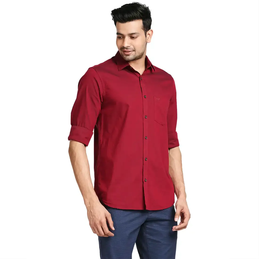 Men Red Tailored Fit Cross Dyed Cotton Full Sleeve Shirts - Image 2
