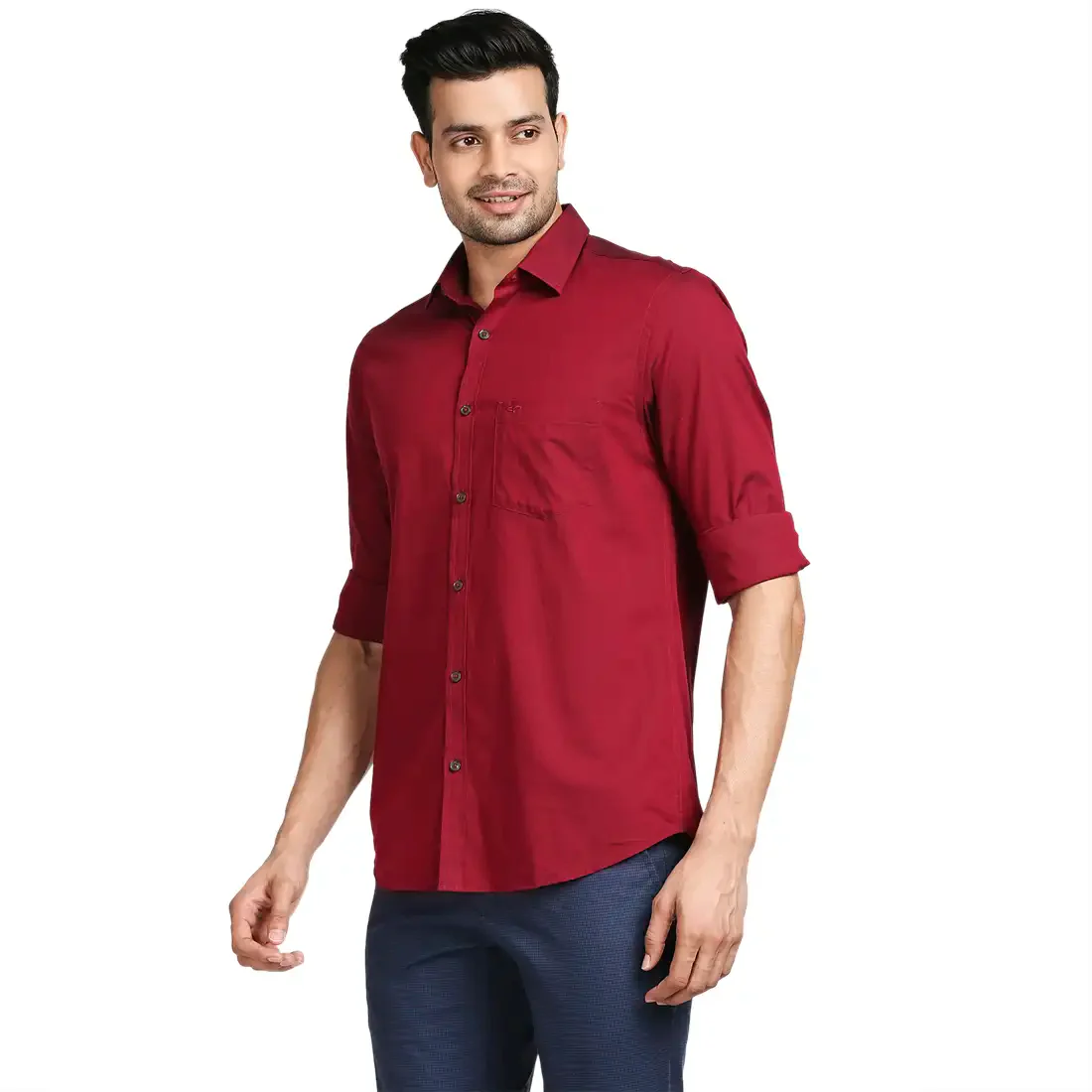 Men Red Tailored Fit Cross Dyed Cotton Full Sleeve Shirts - Image 3