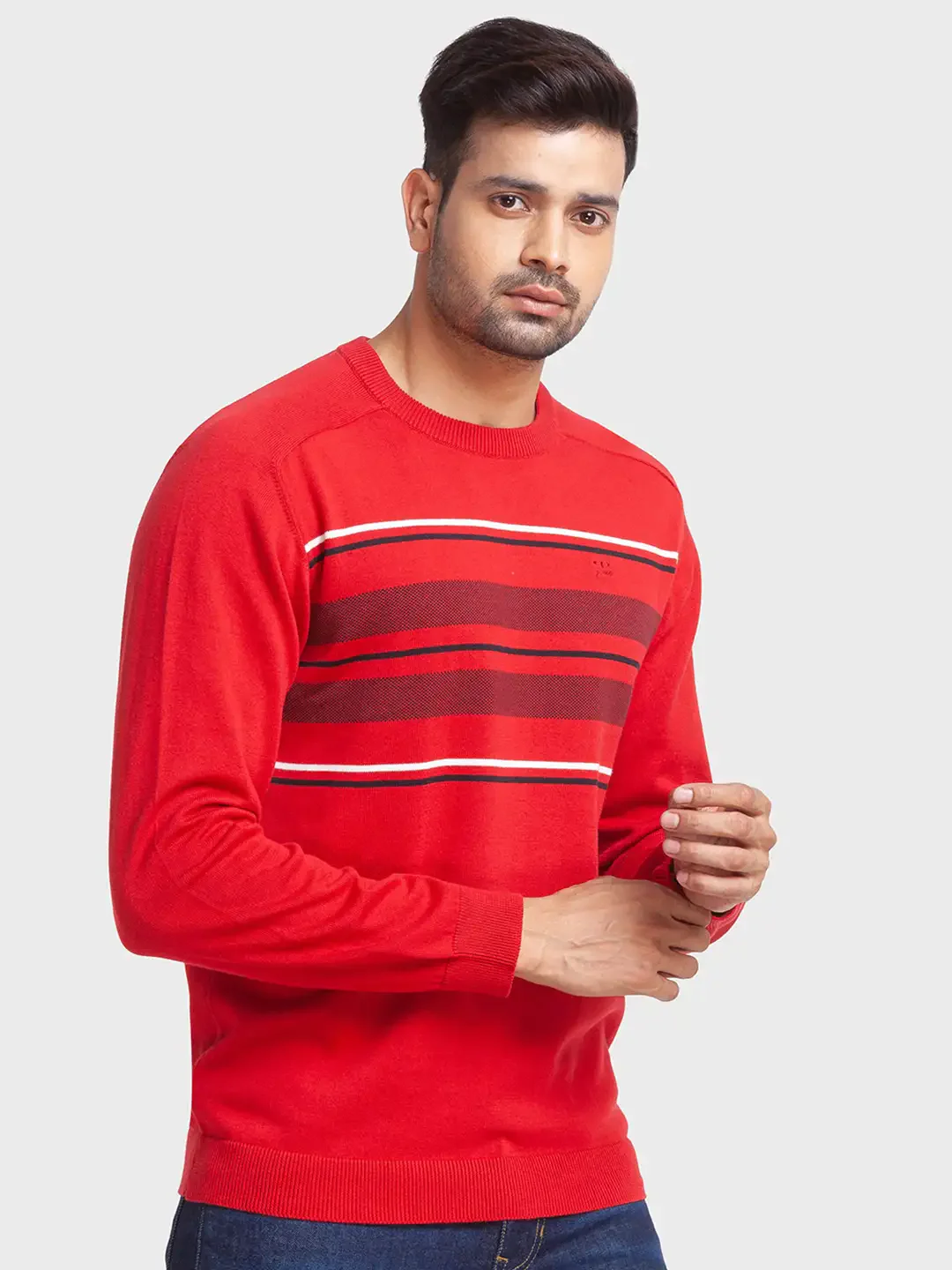 Men Red Tailored Fit Jacquard Cotton Full Sleeve Round Collar Sweaters - Image 2