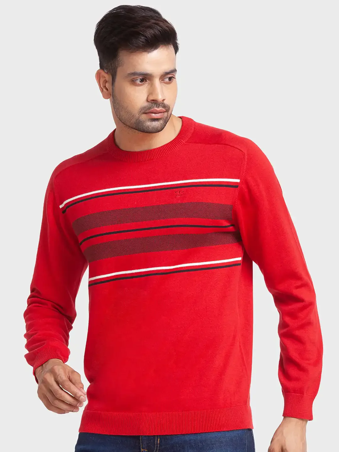 Men Red Tailored Fit Jacquard Cotton Full Sleeve Round Collar Sweaters - Image 3