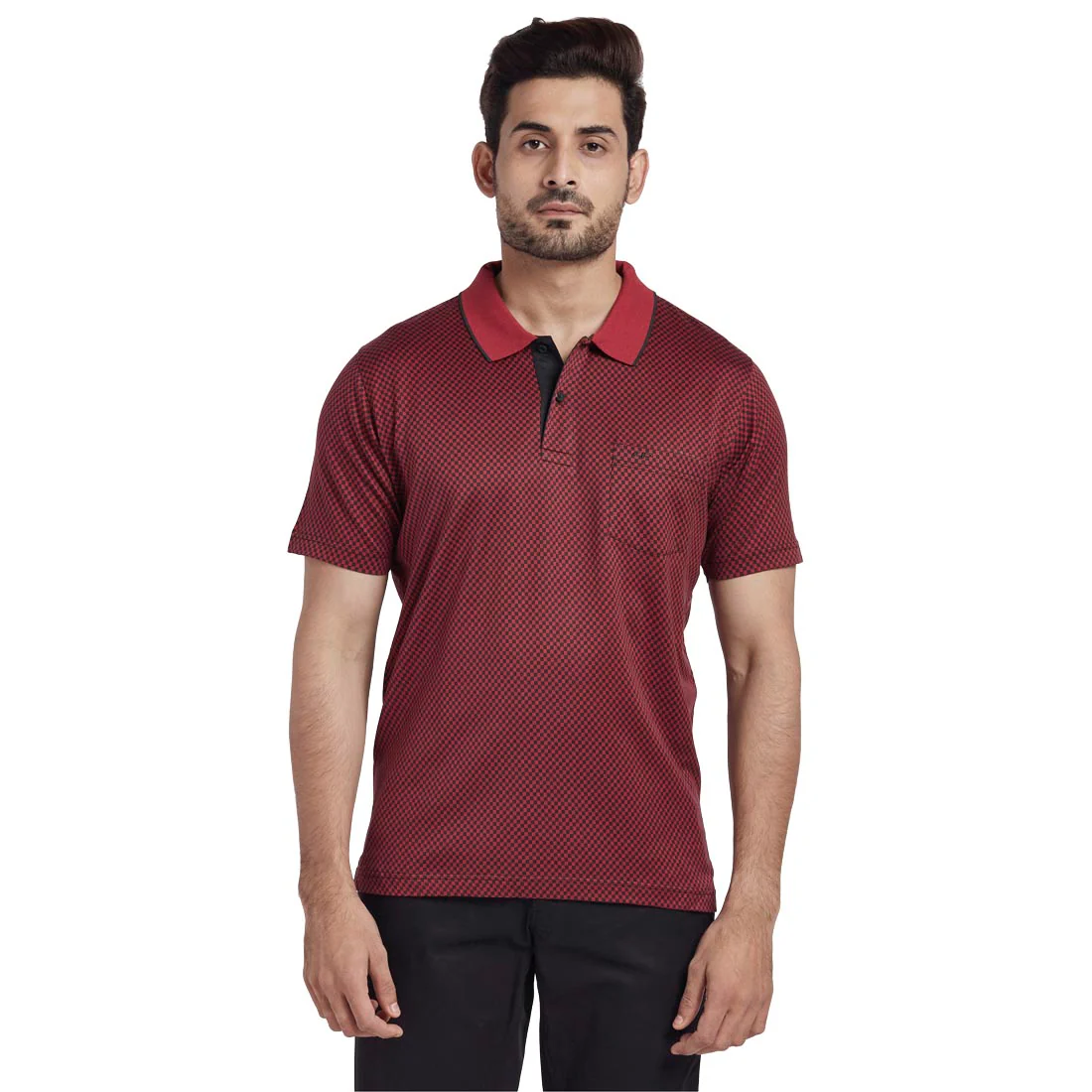 Men Red Tailored Fit Jacquard Cotton Half Sleeve T-Shirt