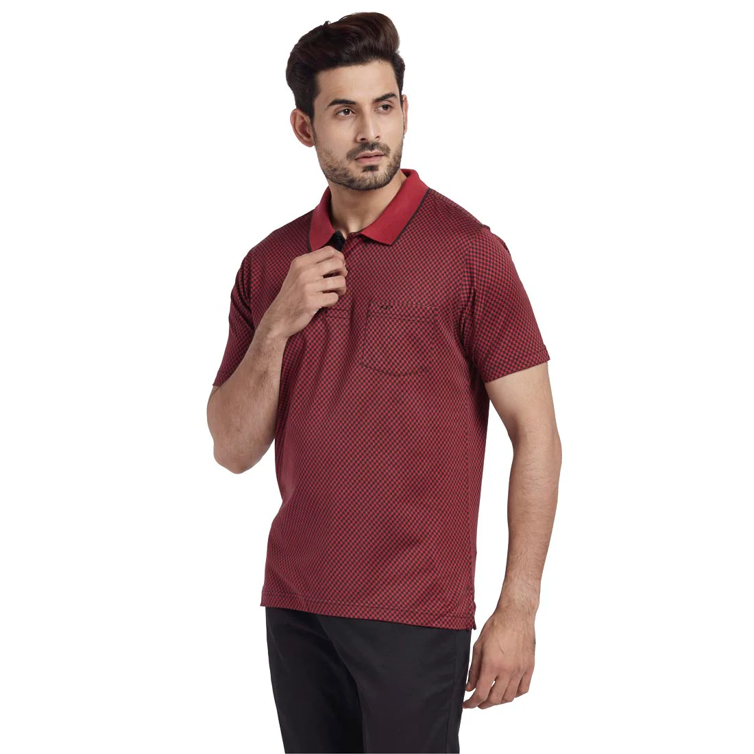 Men Red Tailored Fit Jacquard Cotton Half Sleeve T-Shirt - Image 3