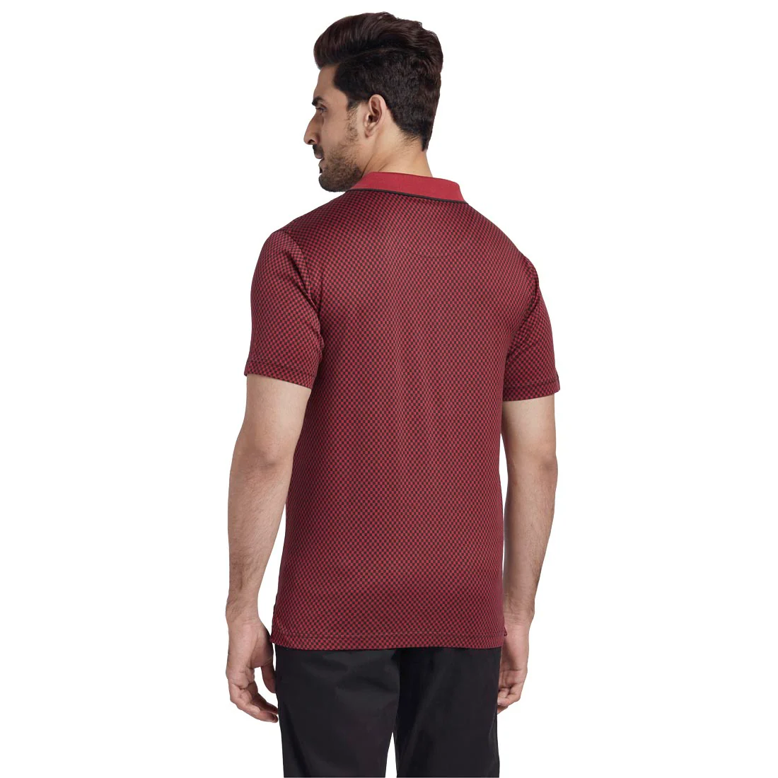 Men Red Tailored Fit Jacquard Cotton Half Sleeve T-Shirt - Image 4