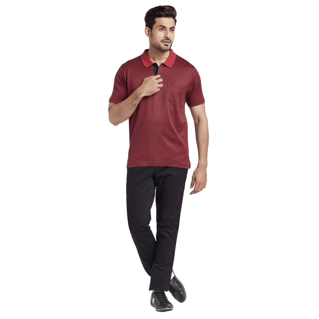 Men Red Tailored Fit Jacquard Cotton Half Sleeve T-Shirt - Image 5