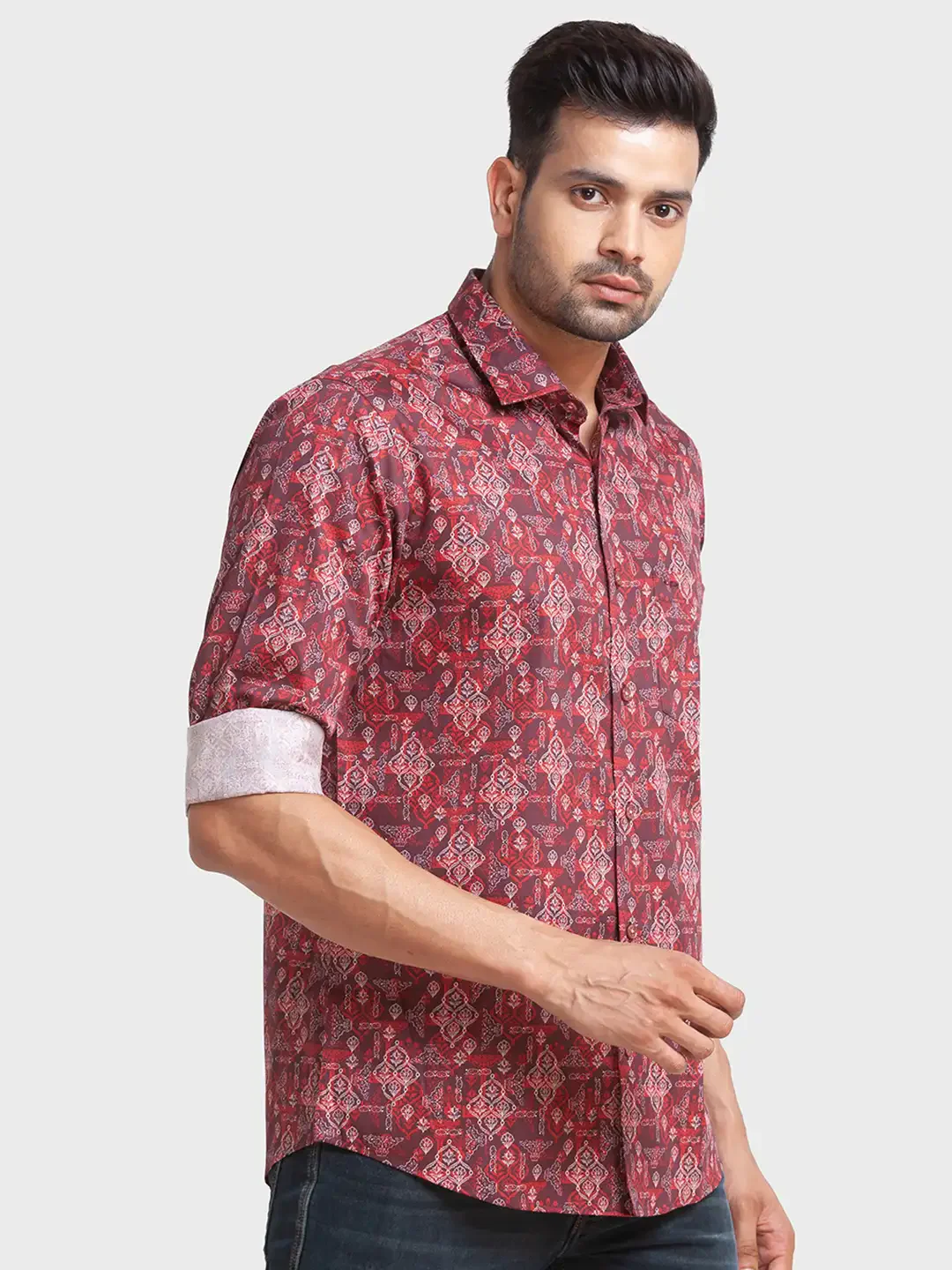 Men Red Tailored Fit Print Cotton Full Sleeve Shirts - Image 2