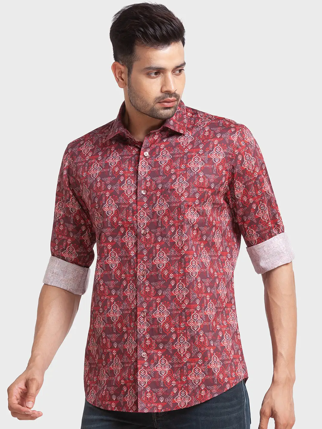 Men Red Tailored Fit Print Cotton Full Sleeve Shirts - Image 3