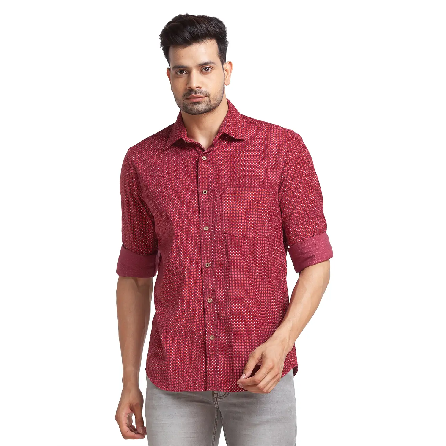 Men Red Tailored Fit Print Cotton Full Sleeve Shirts