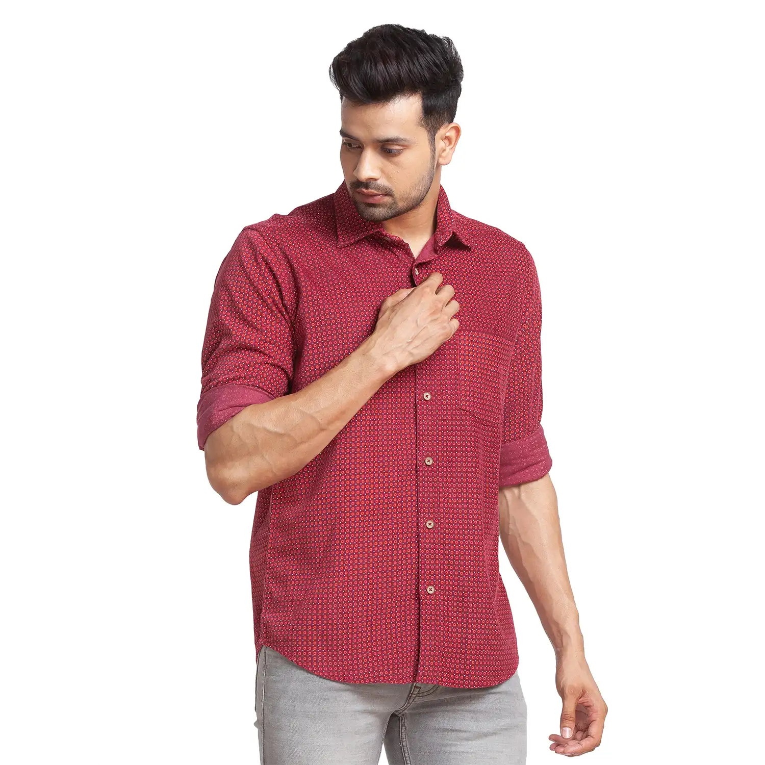 Men Red Tailored Fit Print Cotton Full Sleeve Shirts - Image 2