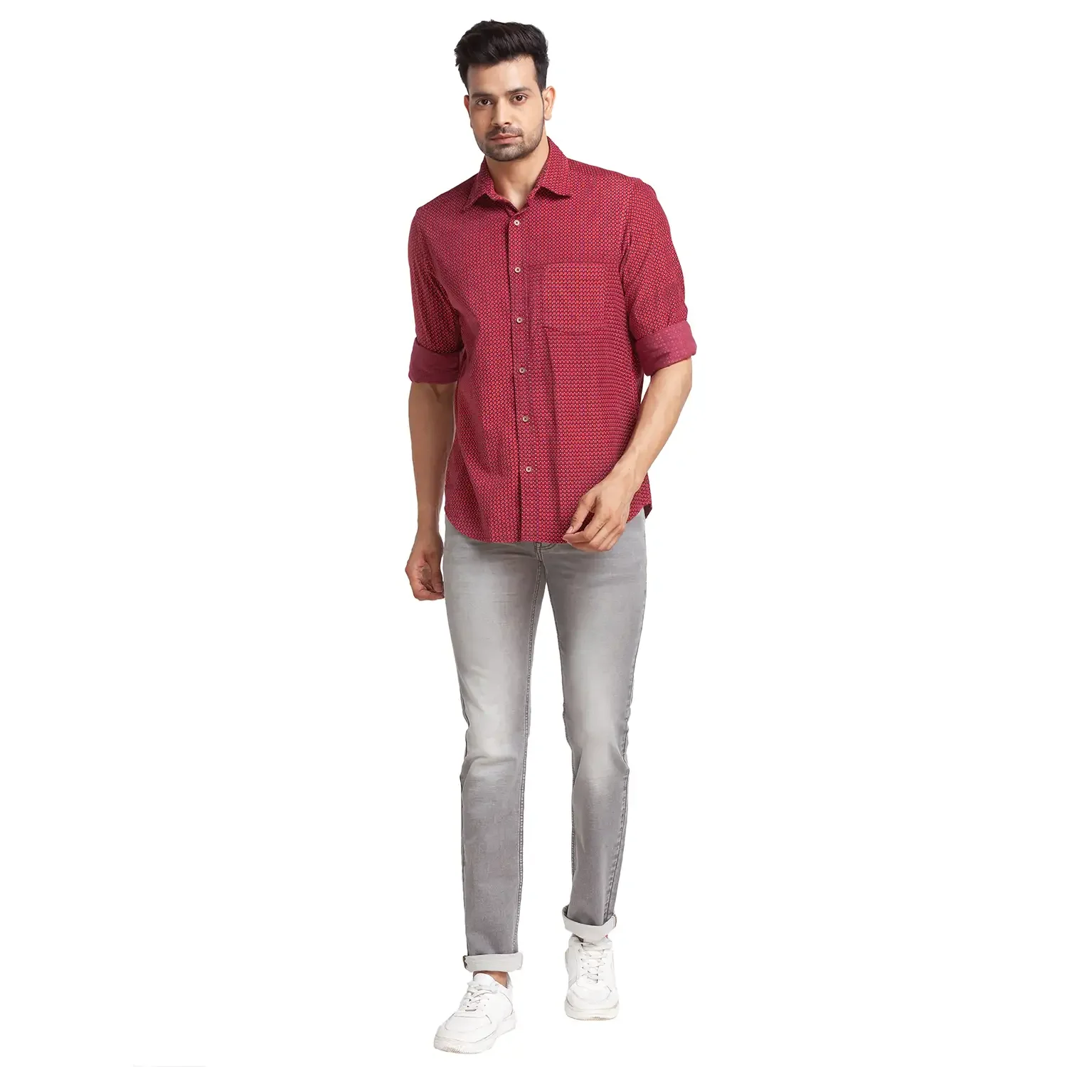 Men Red Tailored Fit Print Cotton Full Sleeve Shirts - Image 5