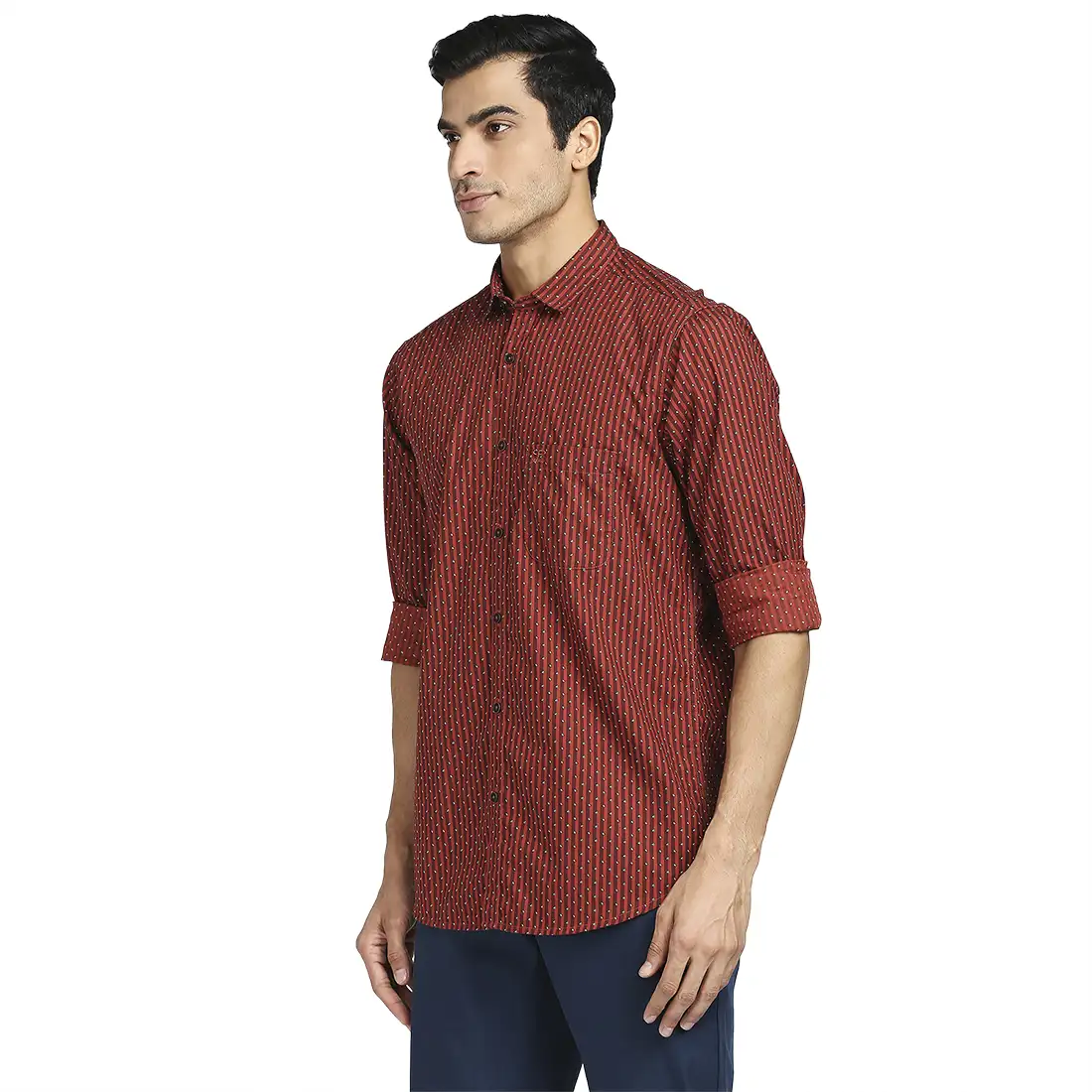 Men Red Tailored Fit Print Cotton Full Sleeve Shirts - Image 3