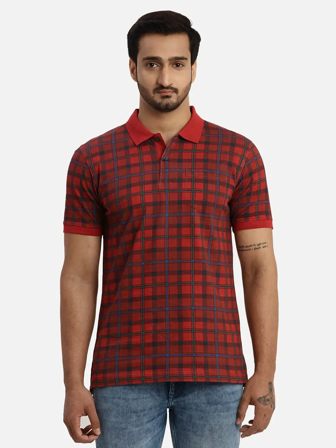 Men Red Tailored Fit Print Cotton Half Sleeve Round Neck Collar Polo T-Shirt