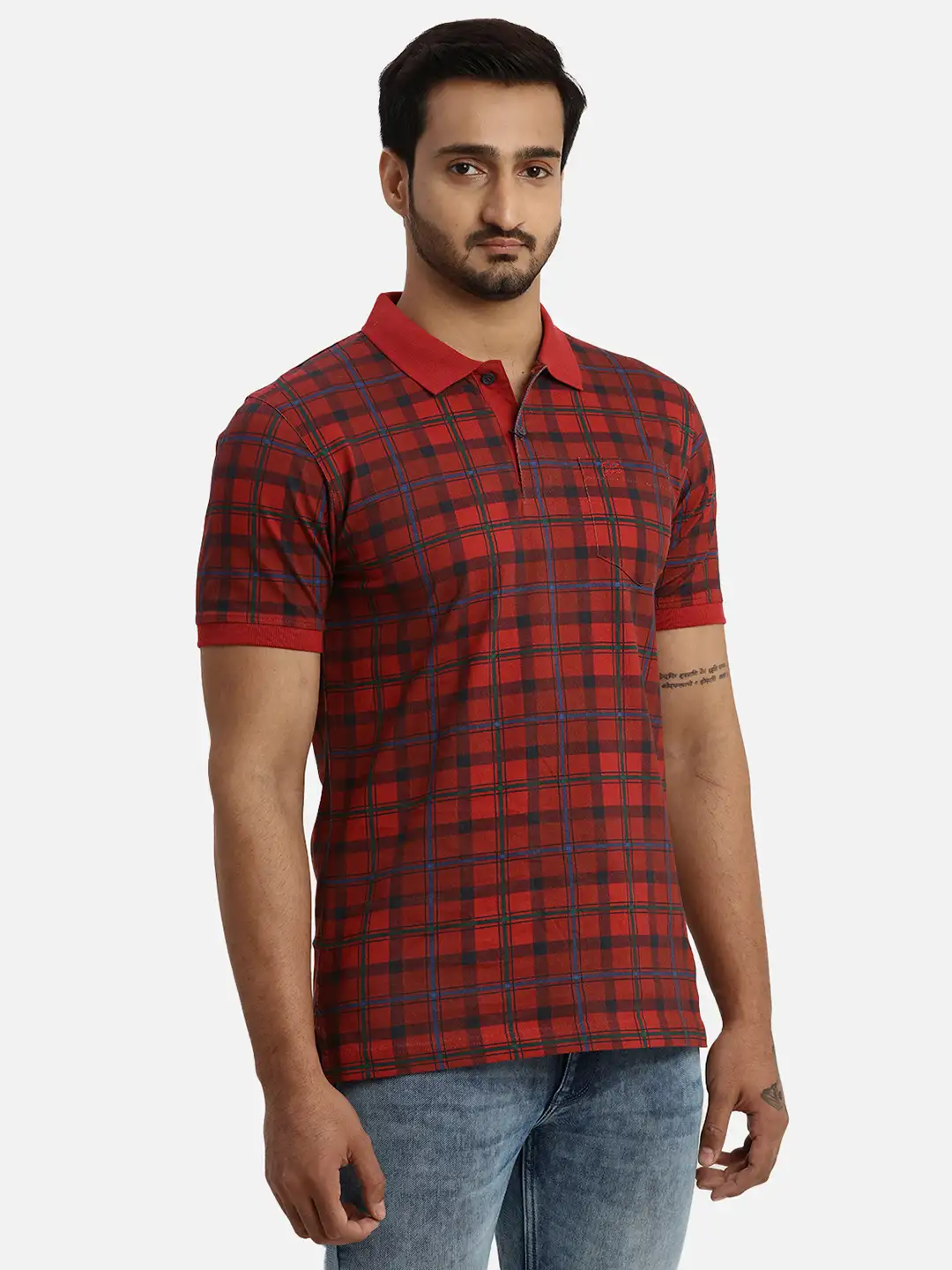 Men Red Tailored Fit Print Cotton Half Sleeve Round Neck Collar Polo T-Shirt - Image 2