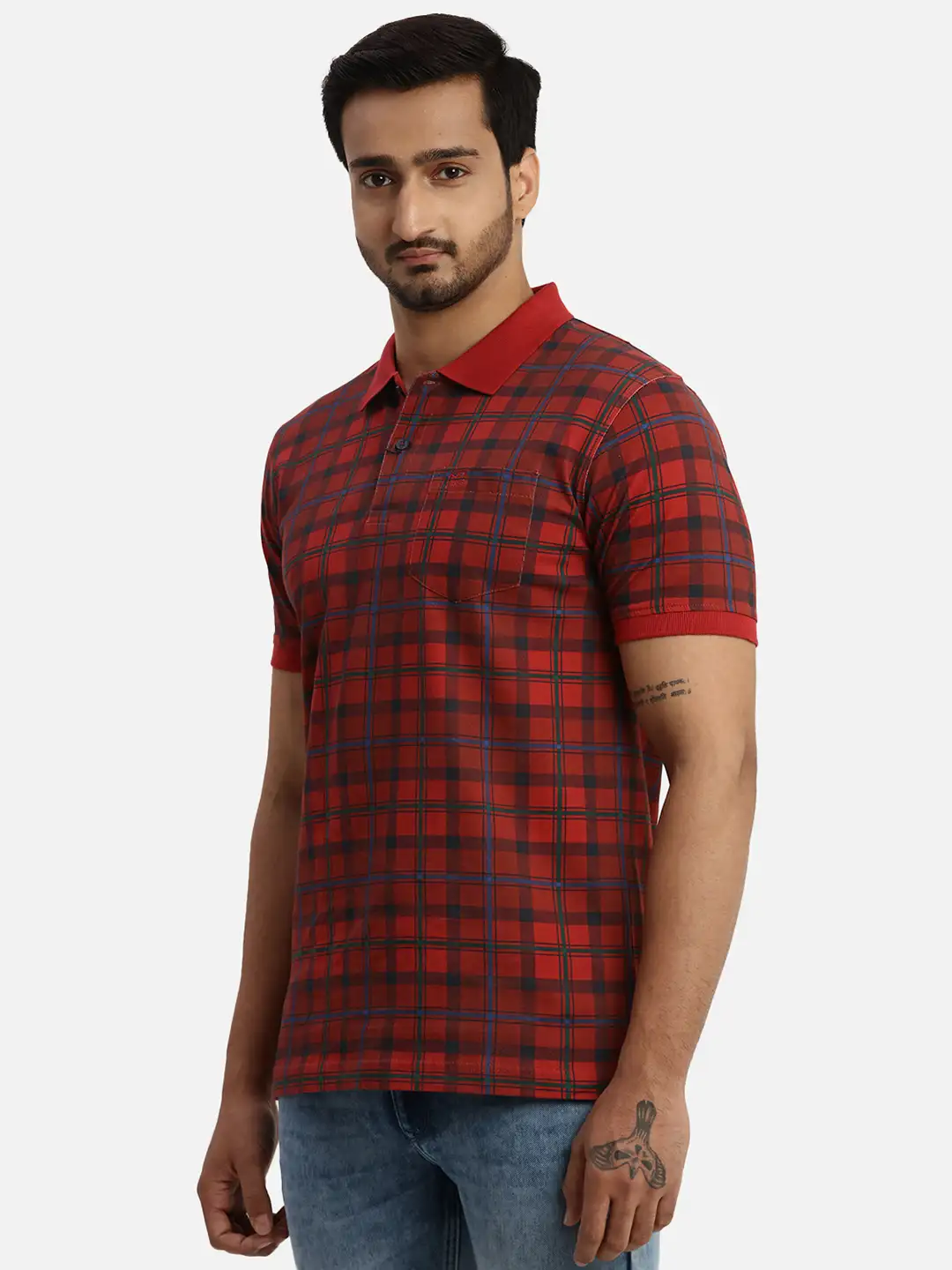 Men Red Tailored Fit Print Cotton Half Sleeve Round Neck Collar Polo T-Shirt - Image 3
