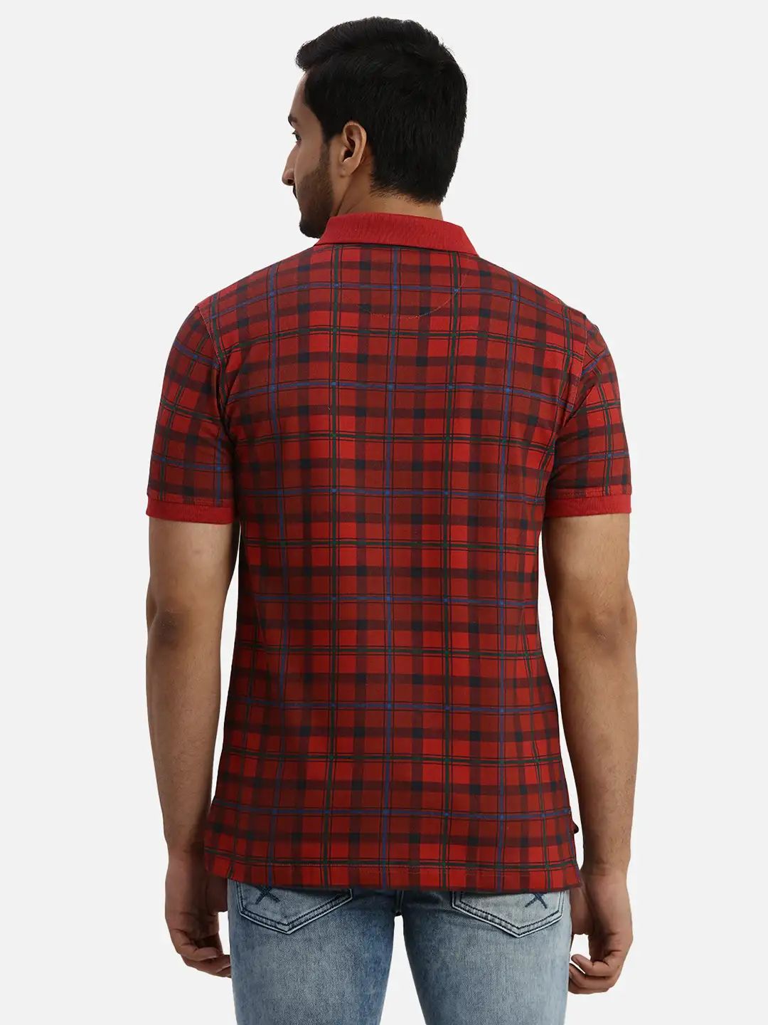 Men Red Tailored Fit Print Cotton Half Sleeve Round Neck Collar Polo T-Shirt - Image 4