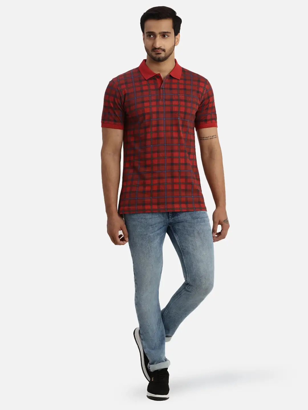 Men Red Tailored Fit Print Cotton Half Sleeve Round Neck Collar Polo T-Shirt - Image 5