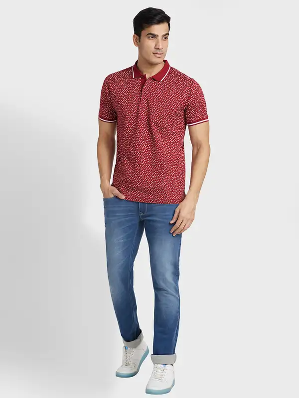 Men Red Tailored Fit Print Cotton Half Sleeve T-Shirt - Image 5