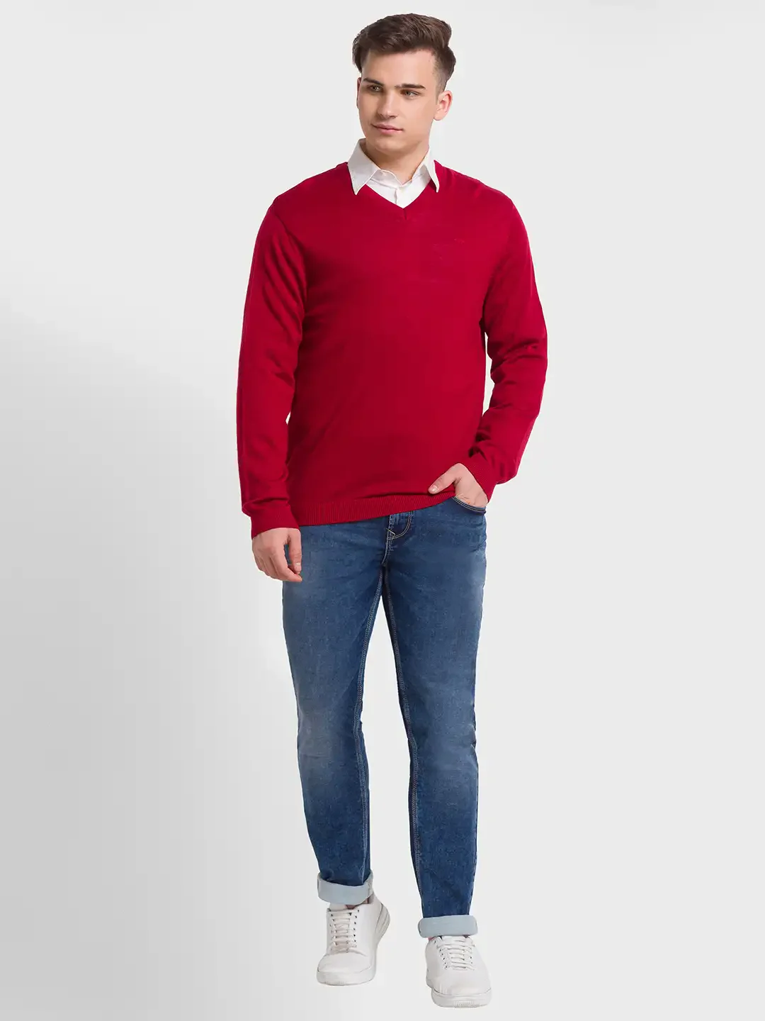 Men Red Tailored Fit Solid Merino Wool Acrylic Blend Full Sleeve V Neck Collar Sweaters - Image 5