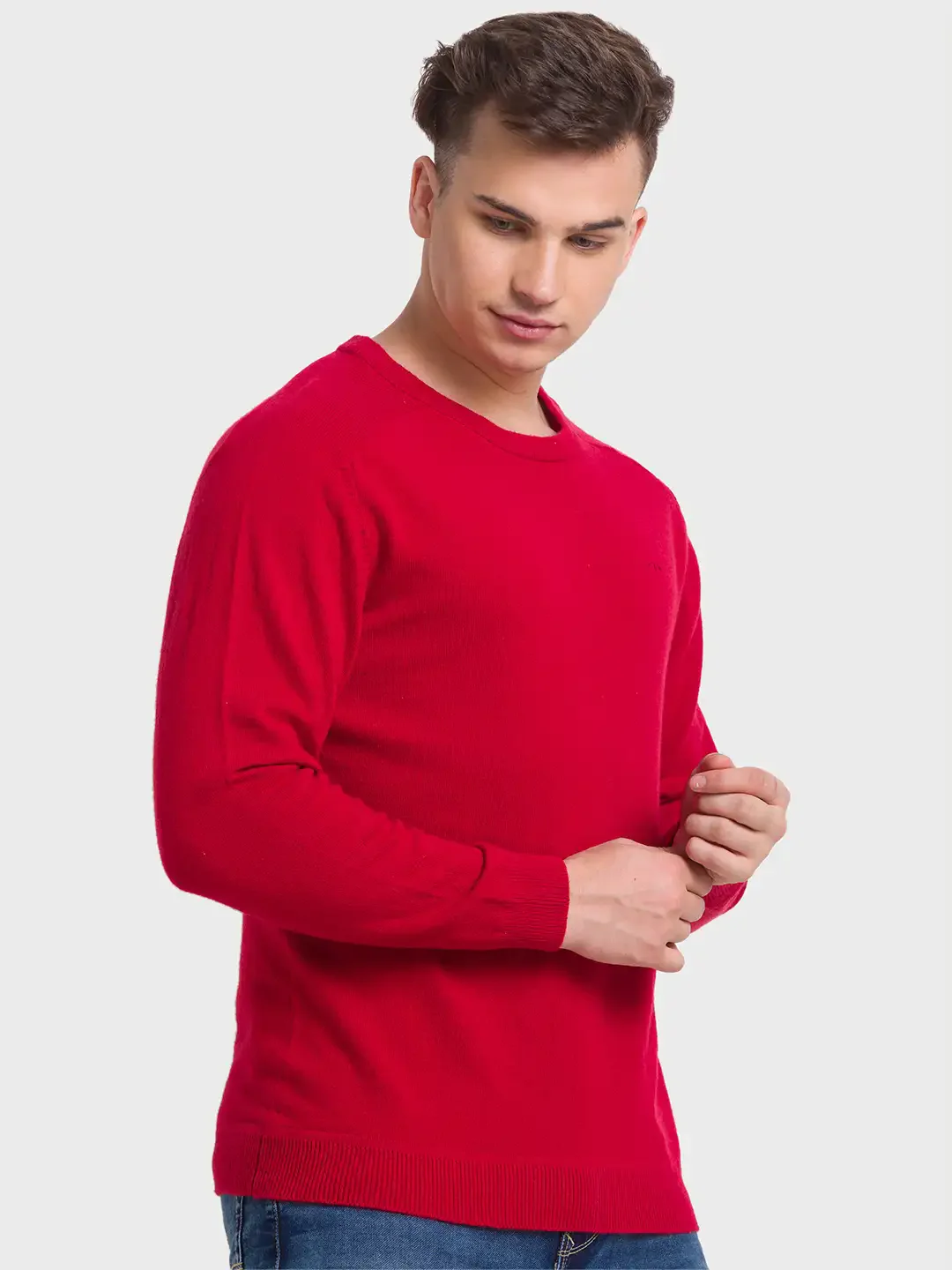 Men Red Tailored Fit Solid Wool Blend Full Sleeve V Neck Collar Sweaters - Image 2