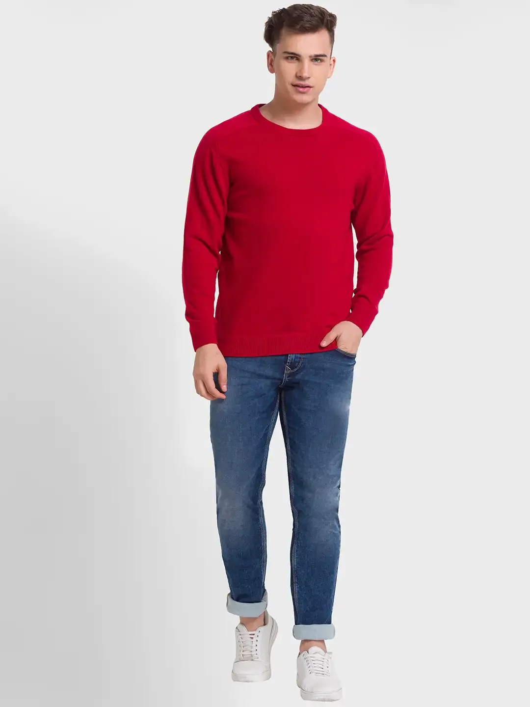 Men Red Tailored Fit Solid Wool Blend Full Sleeve V Neck Collar Sweaters - Image 5