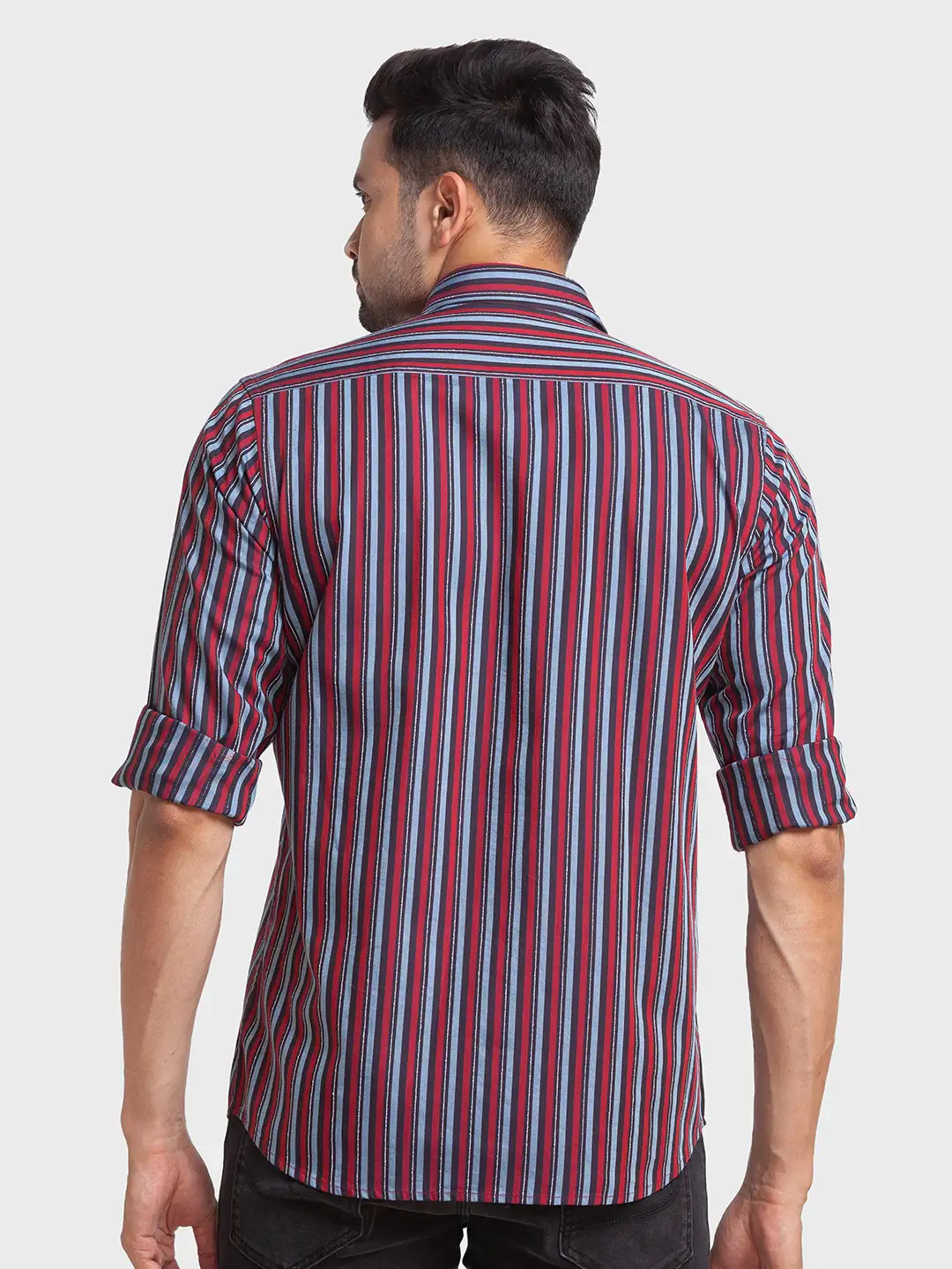 Men Red Tailored Fit Stripe Cotton Blend Full Sleeve Shirts - Image 4