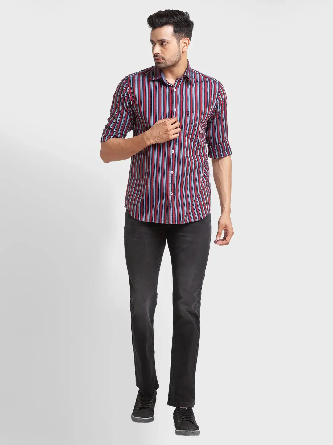 Men Red Tailored Fit Stripe Cotton Blend Full Sleeve Shirts - Image 5