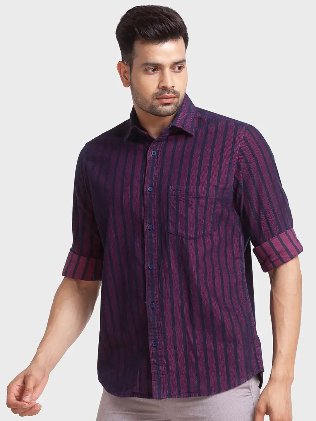 Men Red Tailored Fit Stripe Cotton Full Sleeve Shirts - Image 3