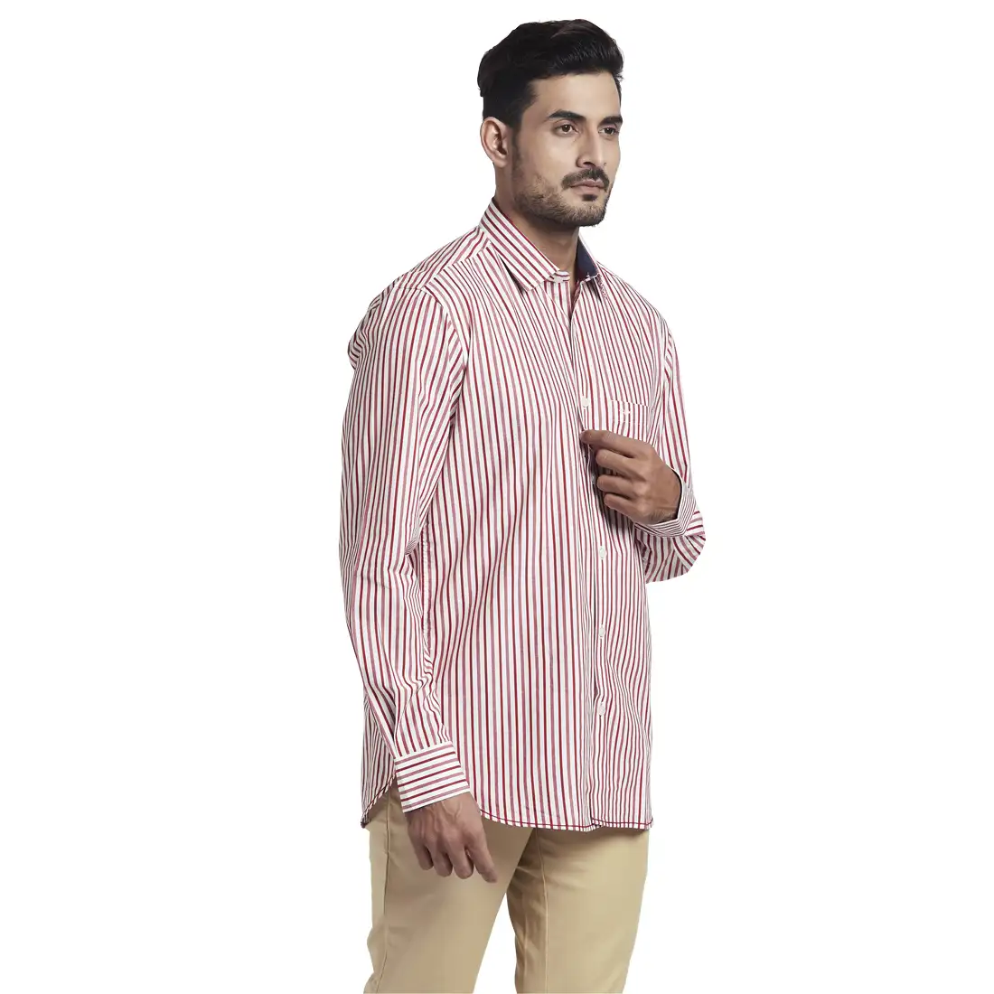 Men Red Tailored Fit Stripe Cotton Full Sleeve Shirts - Image 2