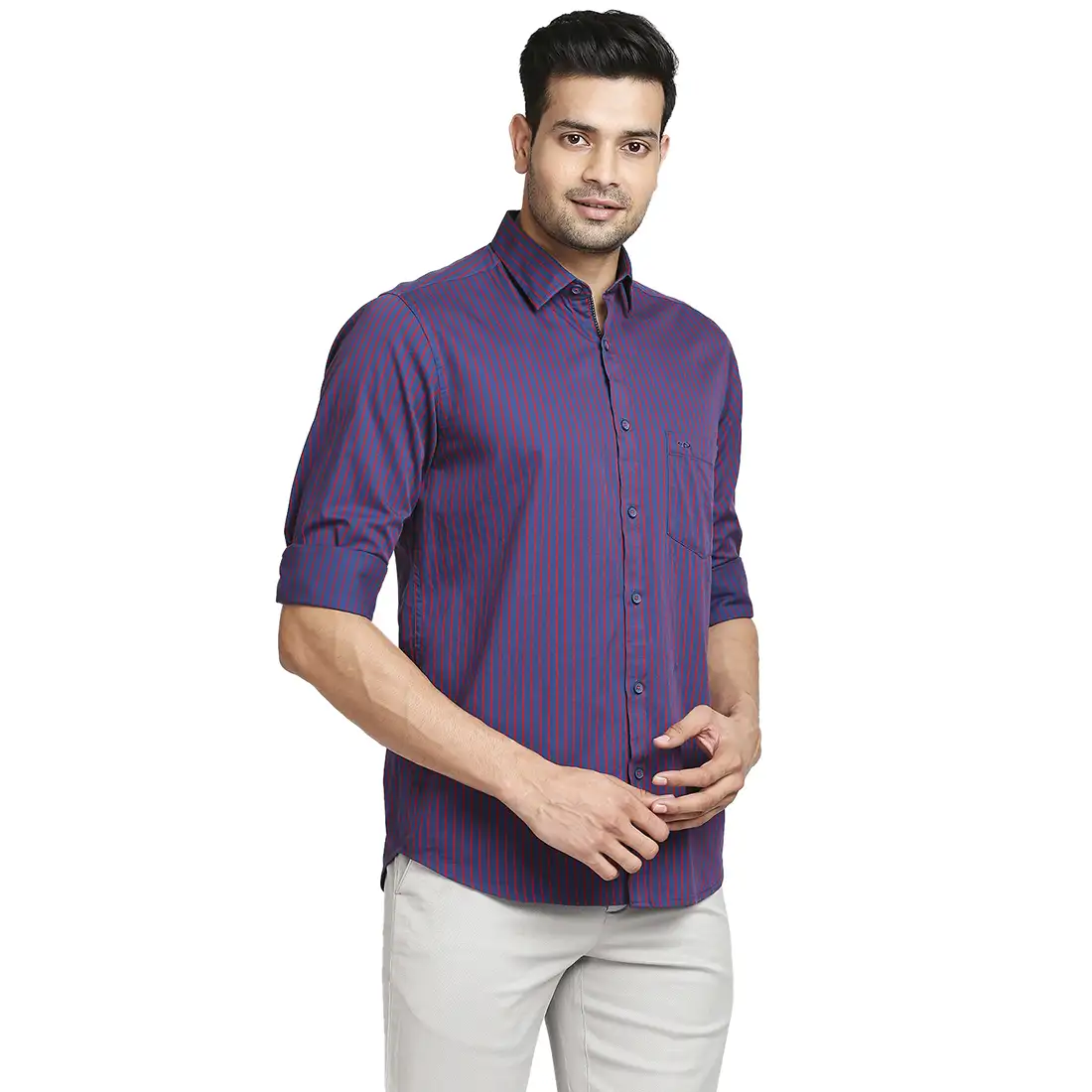 Men Red Tailored Fit Stripe Cotton Full Sleeve Shirts - Image 2