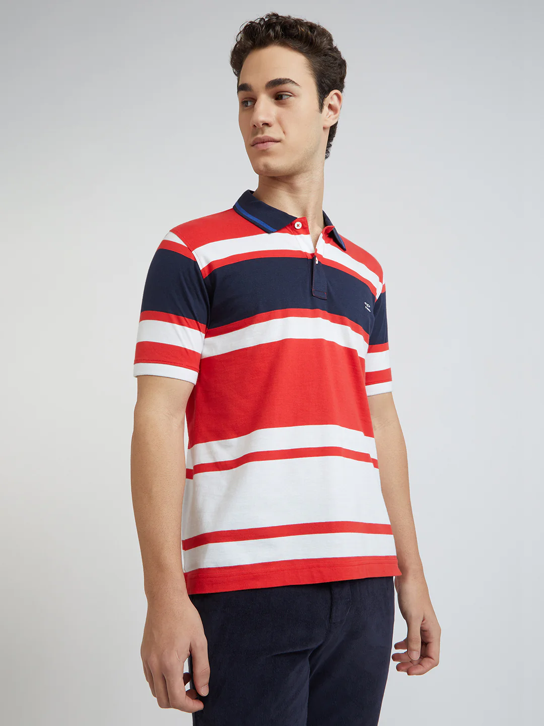 Men Red Tailored Fit Stripe Cotton Half Sleeve Round Neck Collar Polo T-Shirt - Image 2