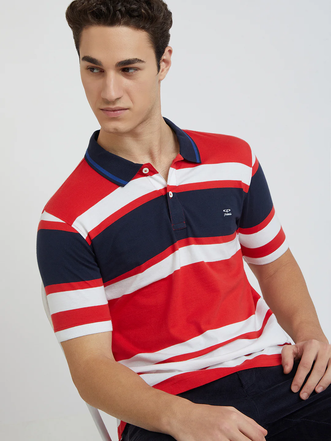 Men Red Tailored Fit Stripe Cotton Half Sleeve Round Neck Collar Polo T-Shirt - Image 7