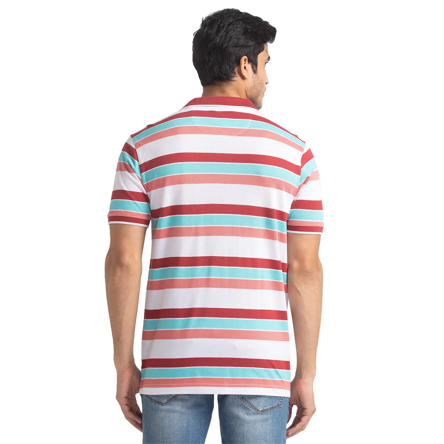 Men Red Tailored Fit Stripe Cotton Half Sleeve T-Shirt - Image 4