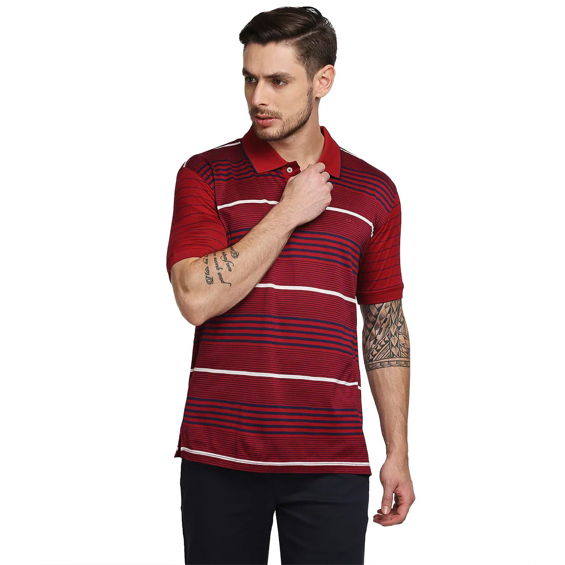 Men Red Tailored Fit Stripe Cotton Half Sleeve T-Shirt
