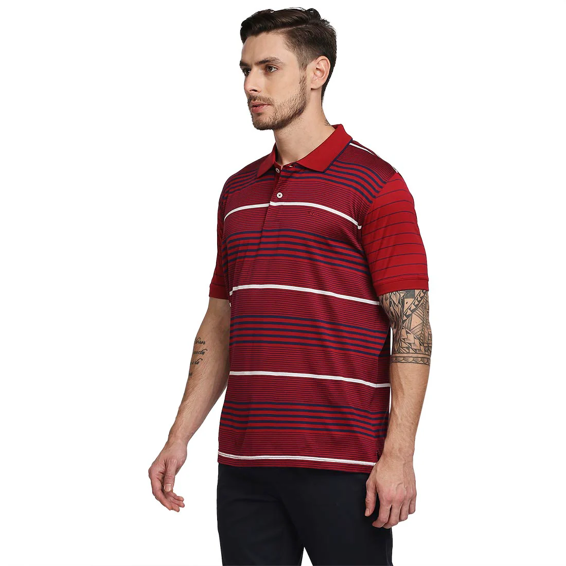 Men Red Tailored Fit Stripe Cotton Half Sleeve T-Shirt - Image 3