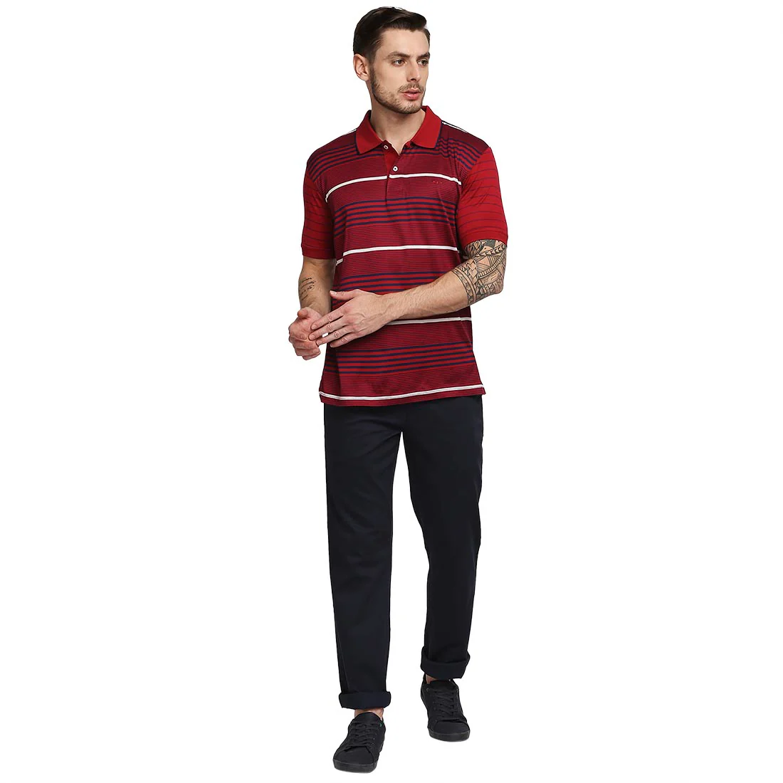 Men Red Tailored Fit Stripe Cotton Half Sleeve T-Shirt - Image 5