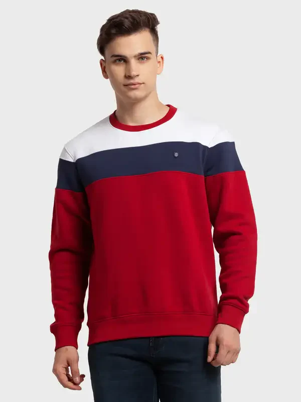 Men Red Tailored Fit Stripe Cotton Polyester Blend Full Sleeve Henley Neck Collar Sweatshirts