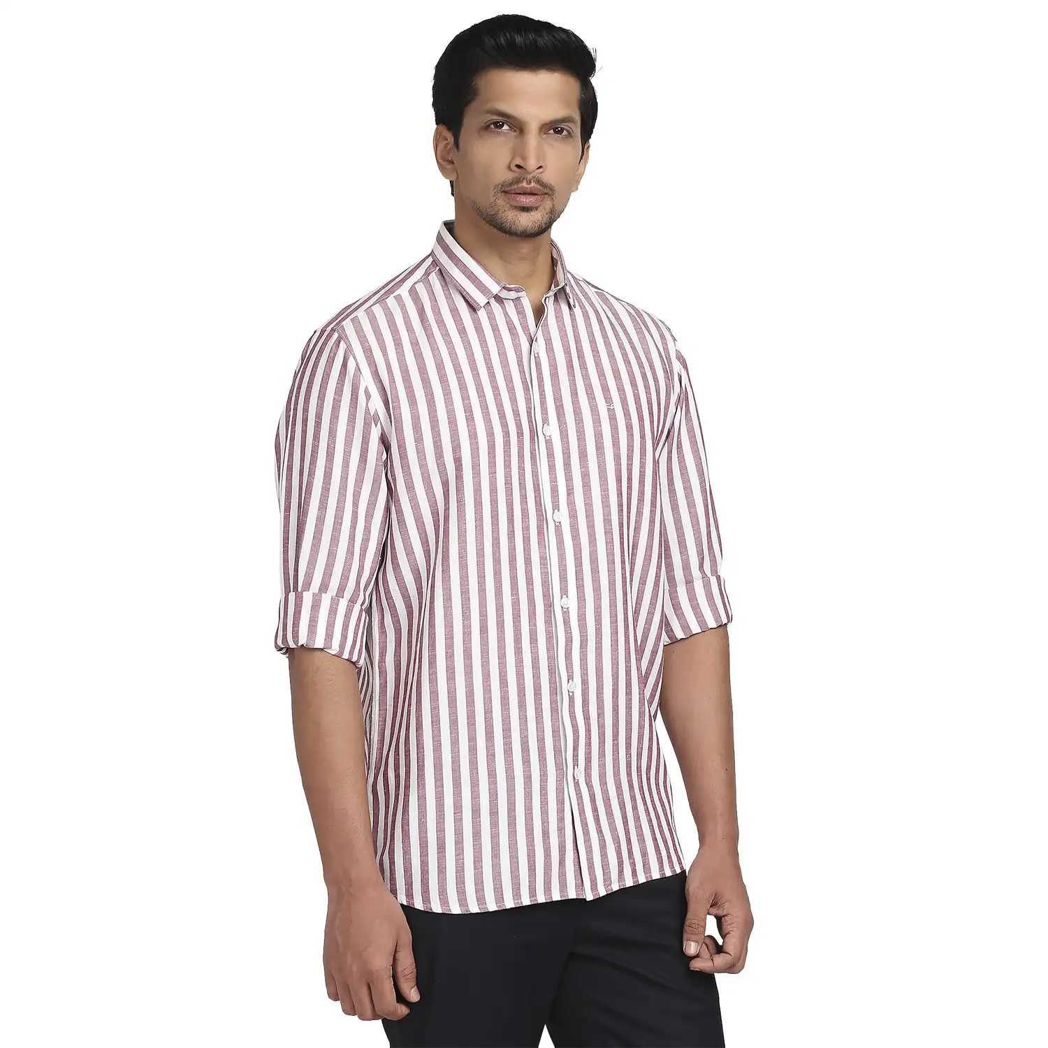 Men Red Tailored Fit Stripe Linen Viscose Blend Full Sleeve Shirts - Image 2