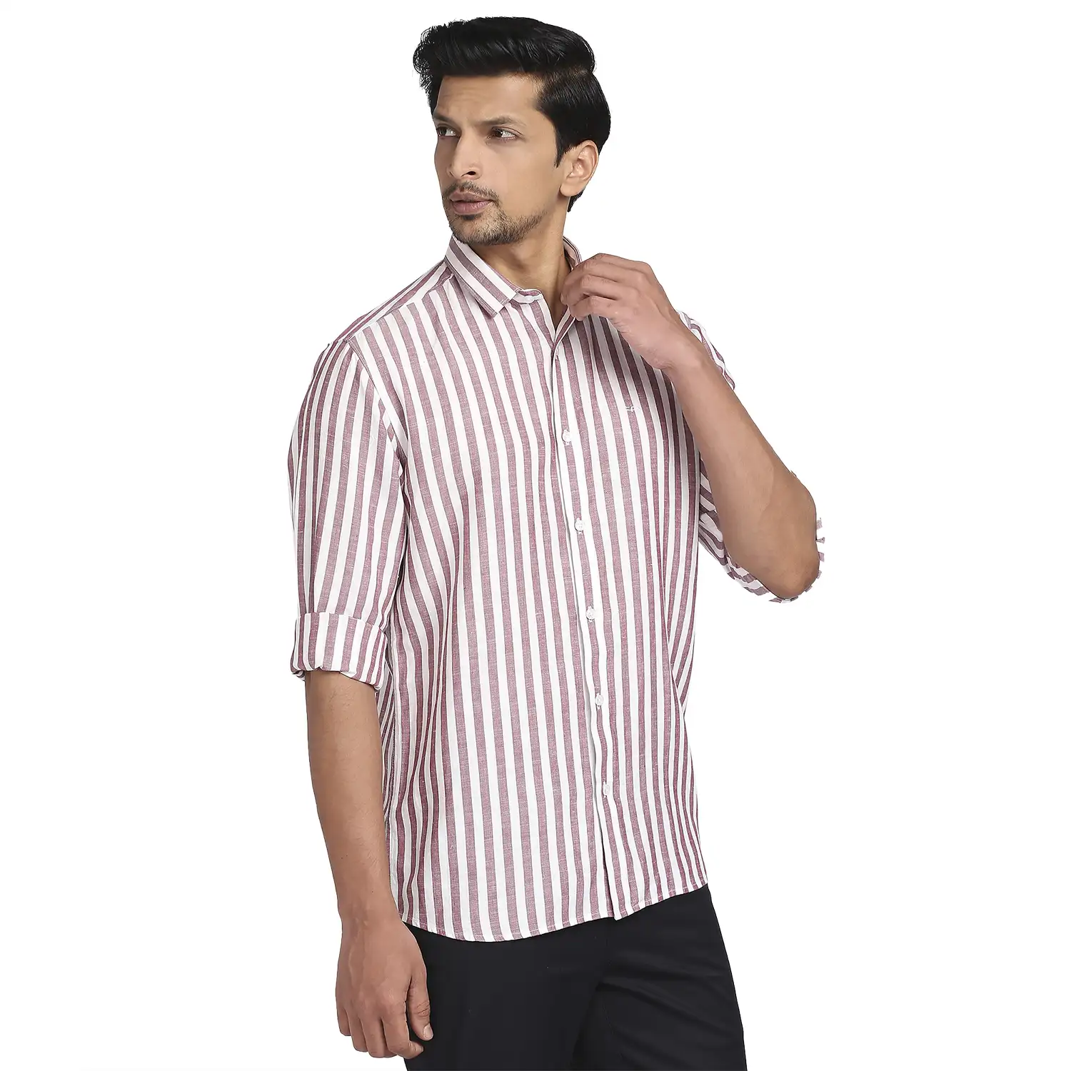 Men Red Tailored Fit Stripe Linen Viscose Blend Full Sleeve Shirts - Image 3