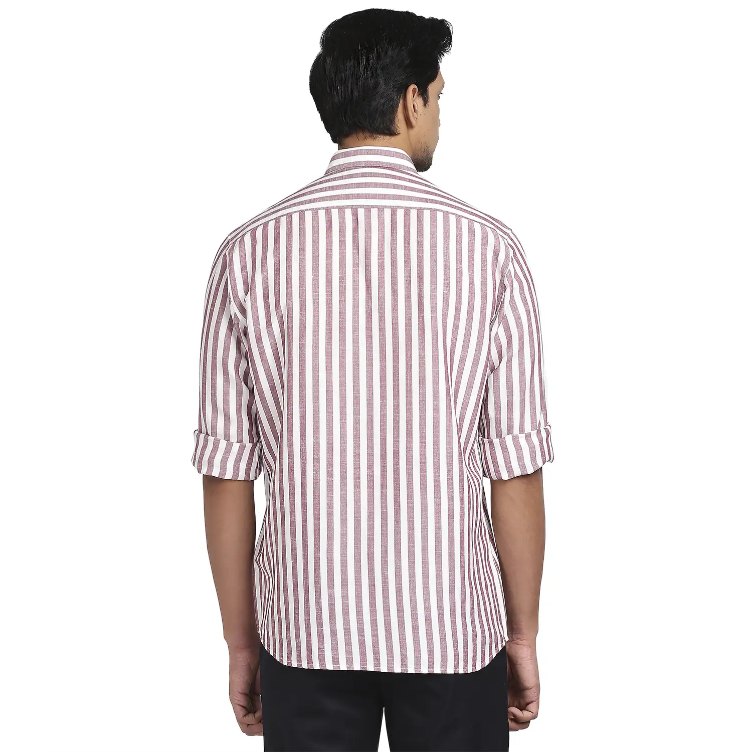 Men Red Tailored Fit Stripe Linen Viscose Blend Full Sleeve Shirts - Image 4