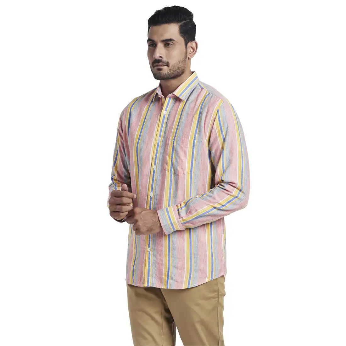 Men Red Tailored Fit Stripe Lyocell Blend Full Sleeve Shirts - Image 3