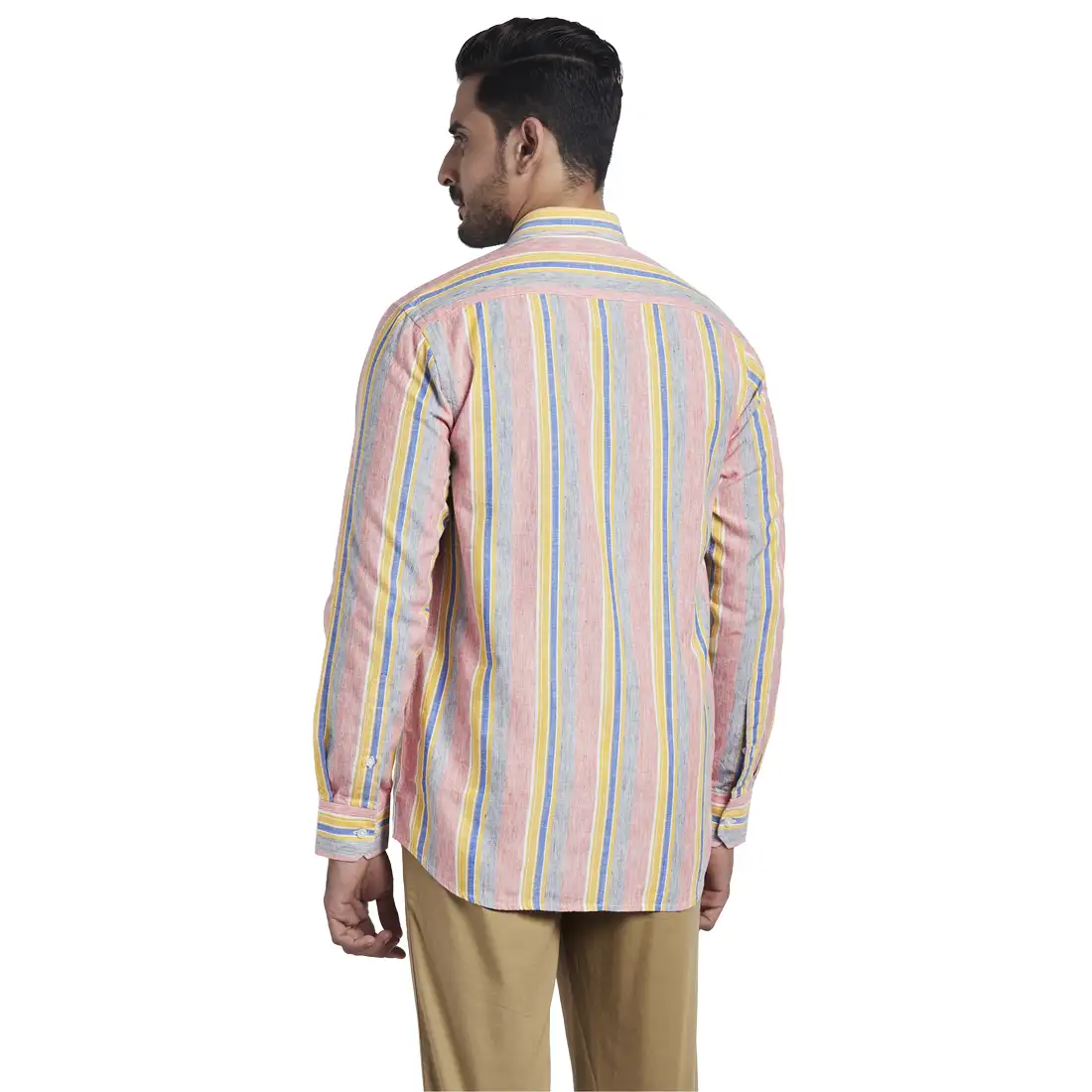 Men Red Tailored Fit Stripe Lyocell Blend Full Sleeve Shirts - Image 4